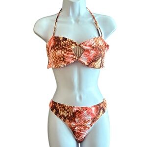 Halter Bikini Set, Radio Fiji, Coral, Brown & White Snakeskin, Strapless, L, Nwt